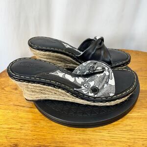 Born Drilles Wedge Sandal Womens US 9 EU 40.5 Black Textile Leather Rope 3" Heel